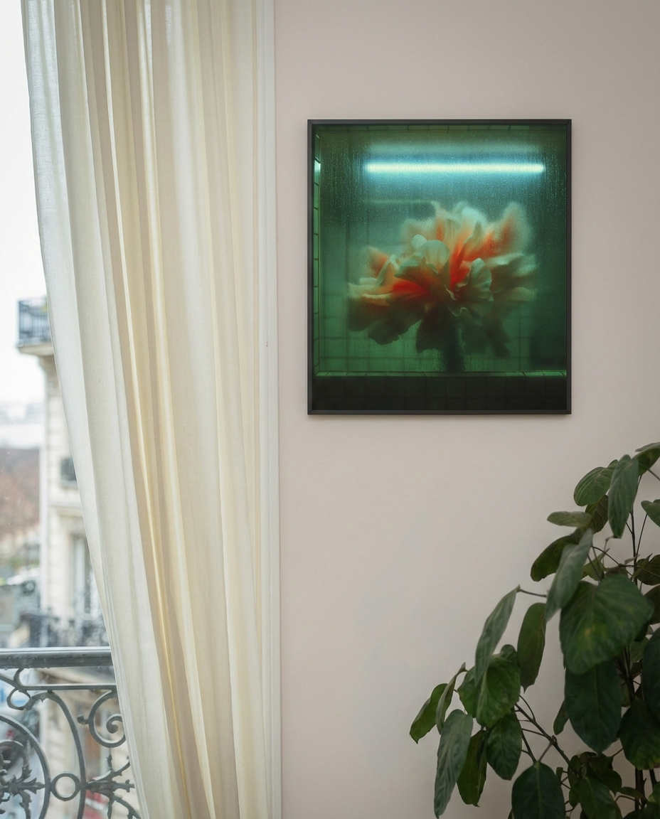 Contemporary floral art print on matte acrylic in Parisian apartment, moody botanical wall art NOA Editions