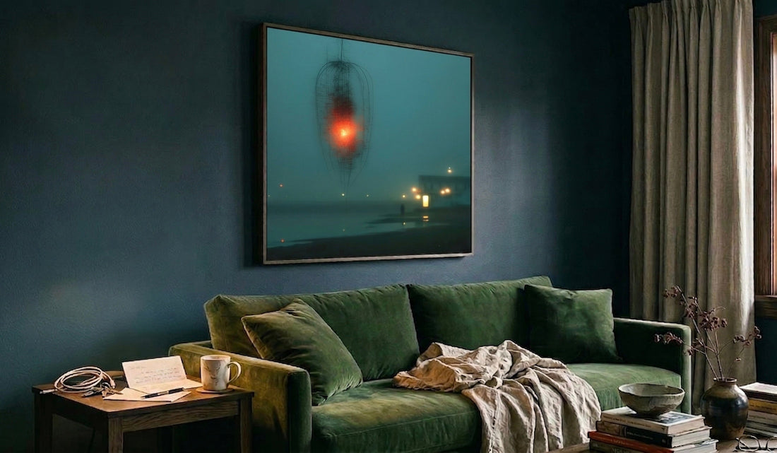 dark room with artwork