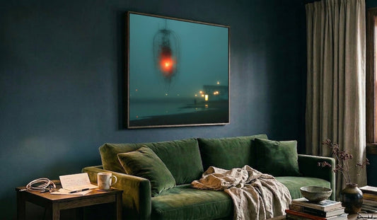 dark room with artwork