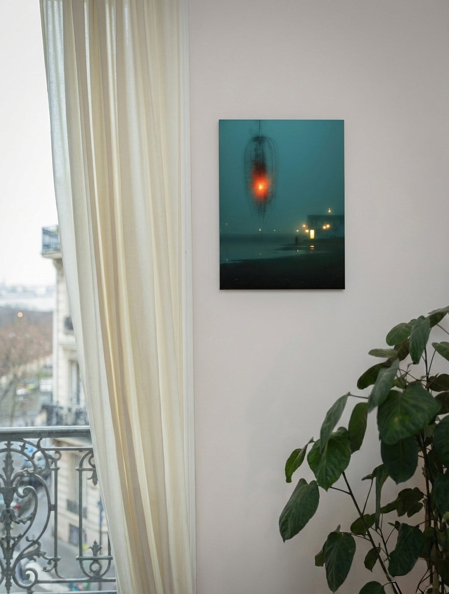 Contemporary art print on matte acrylic in Parisian apartment with balcony, atmospheric wall art NOA Editions
