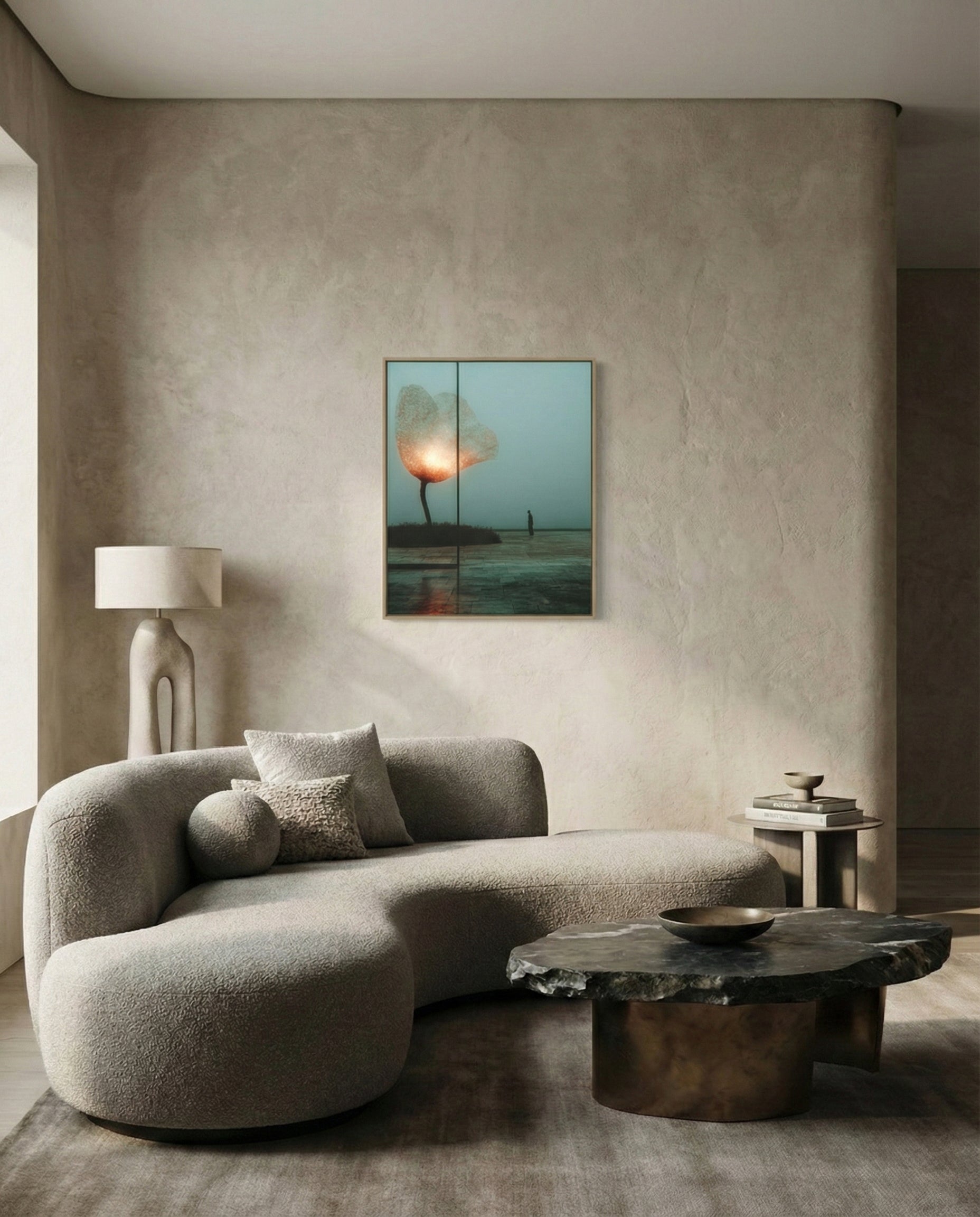 Large format art print in modern living room interior, contemporary wall art on matte acrylic NOA Editions