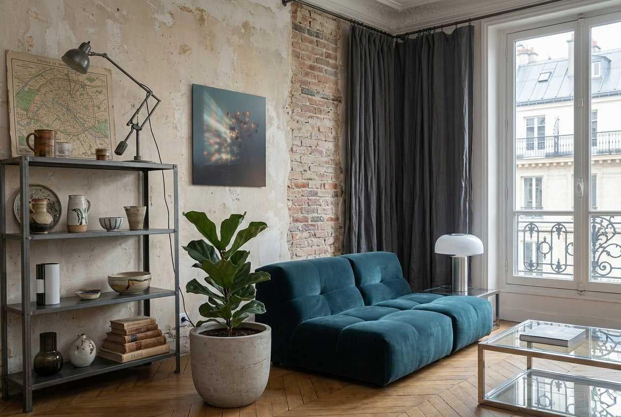 Large format botanical art print in modern Parisian apartment, contemporary wall art on plexiglass acrylic, NOA Editions