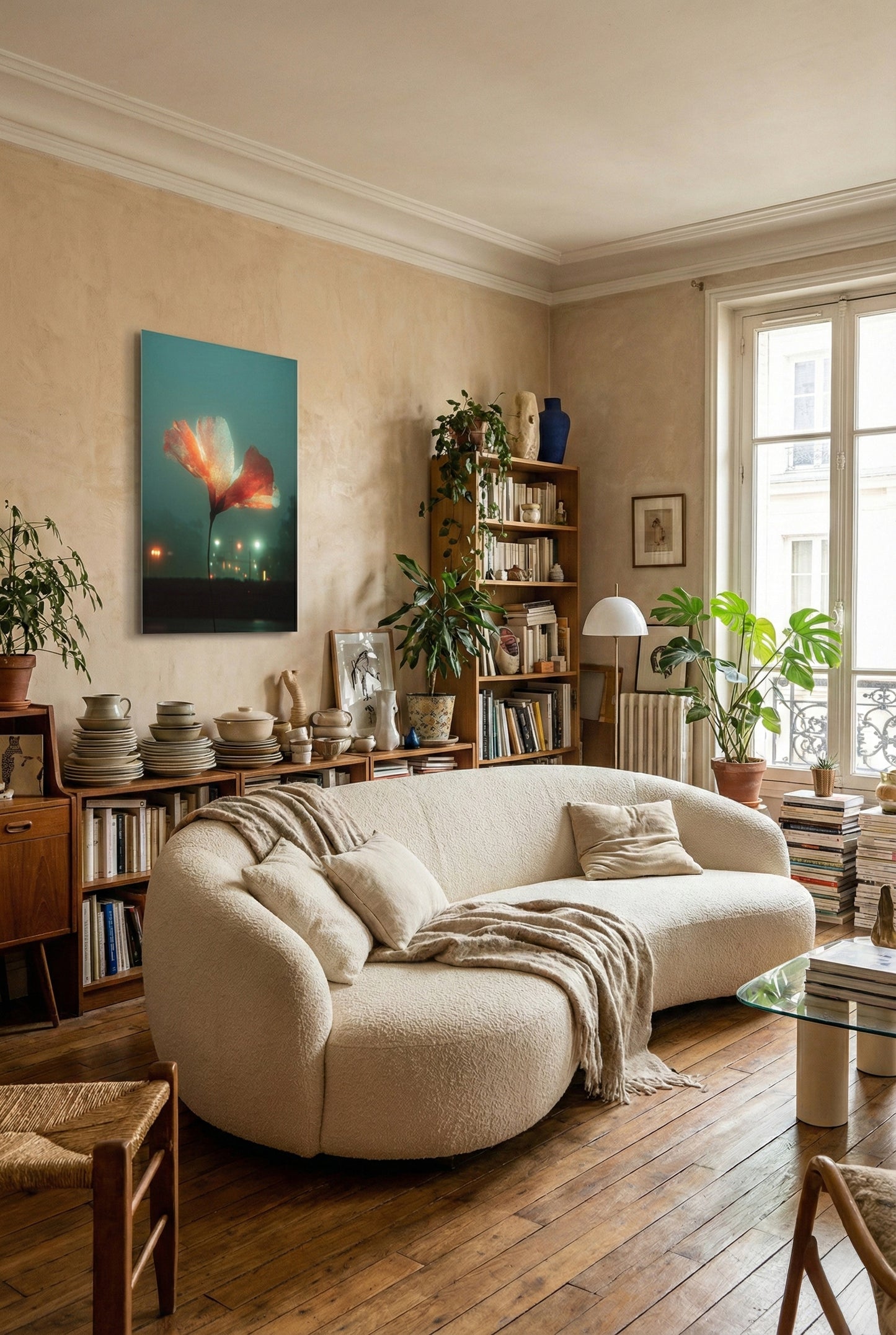 Large floral art print displayed in Parisian living room, contemporary wall art on plexiglass acrylic, NOA Editions
