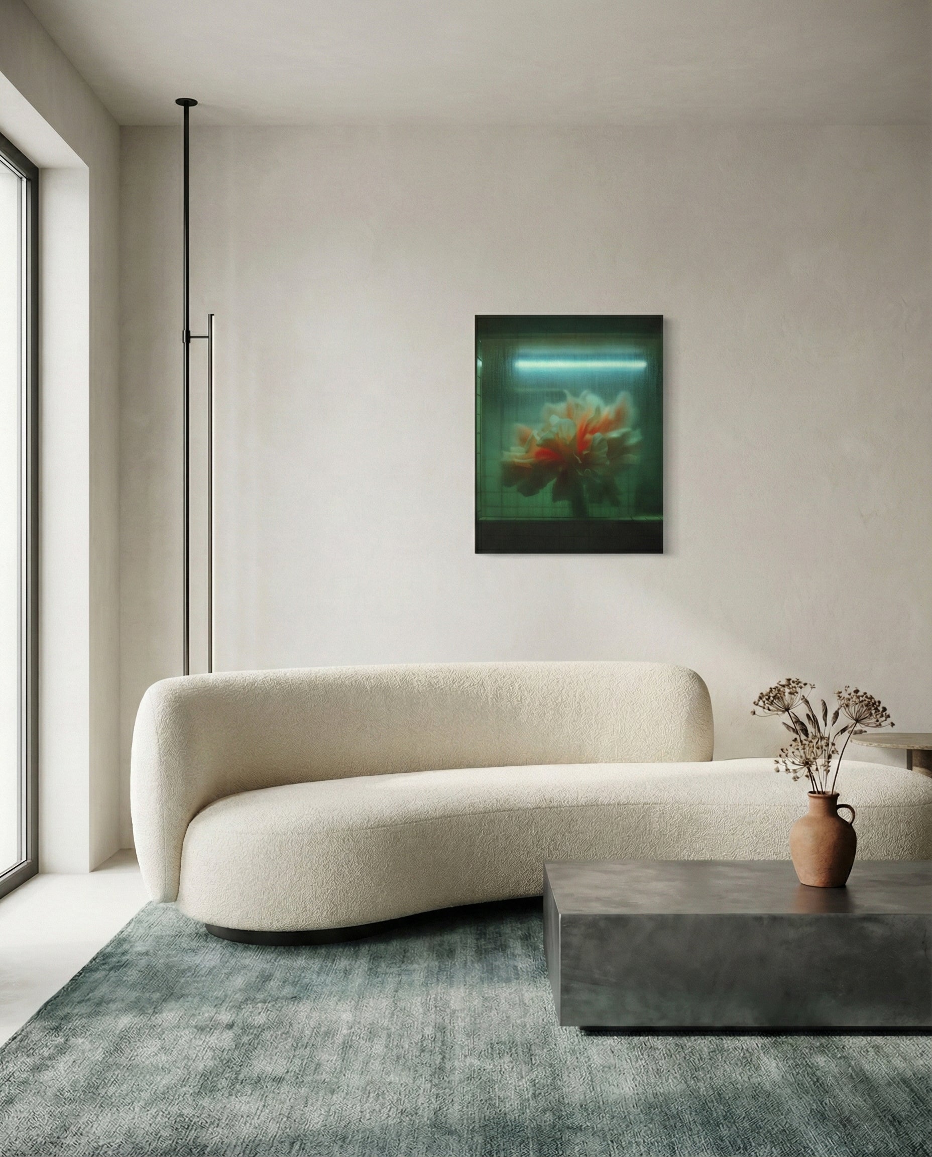 Floral art print in minimalist living room, large format contemporary wall art on plexiglass acrylic, NOA Editions