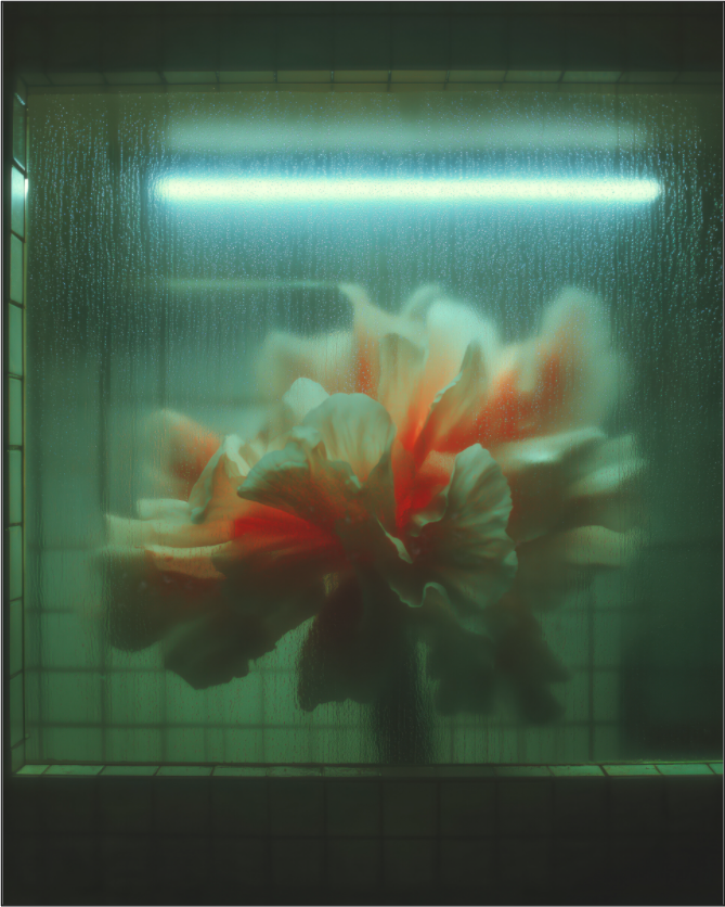 Contemporary floral art print on acrylic, flower behind steamed glass with neon light, moody wall art NOA Paris