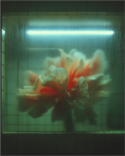 Contemporary floral art print on acrylic, flower behind steamed glass with neon light, moody wall art NOA Paris
