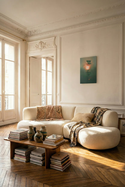 Large format geometric art print in bright Parisian living room, contemporary wall art on plexiglass NOA Editions
