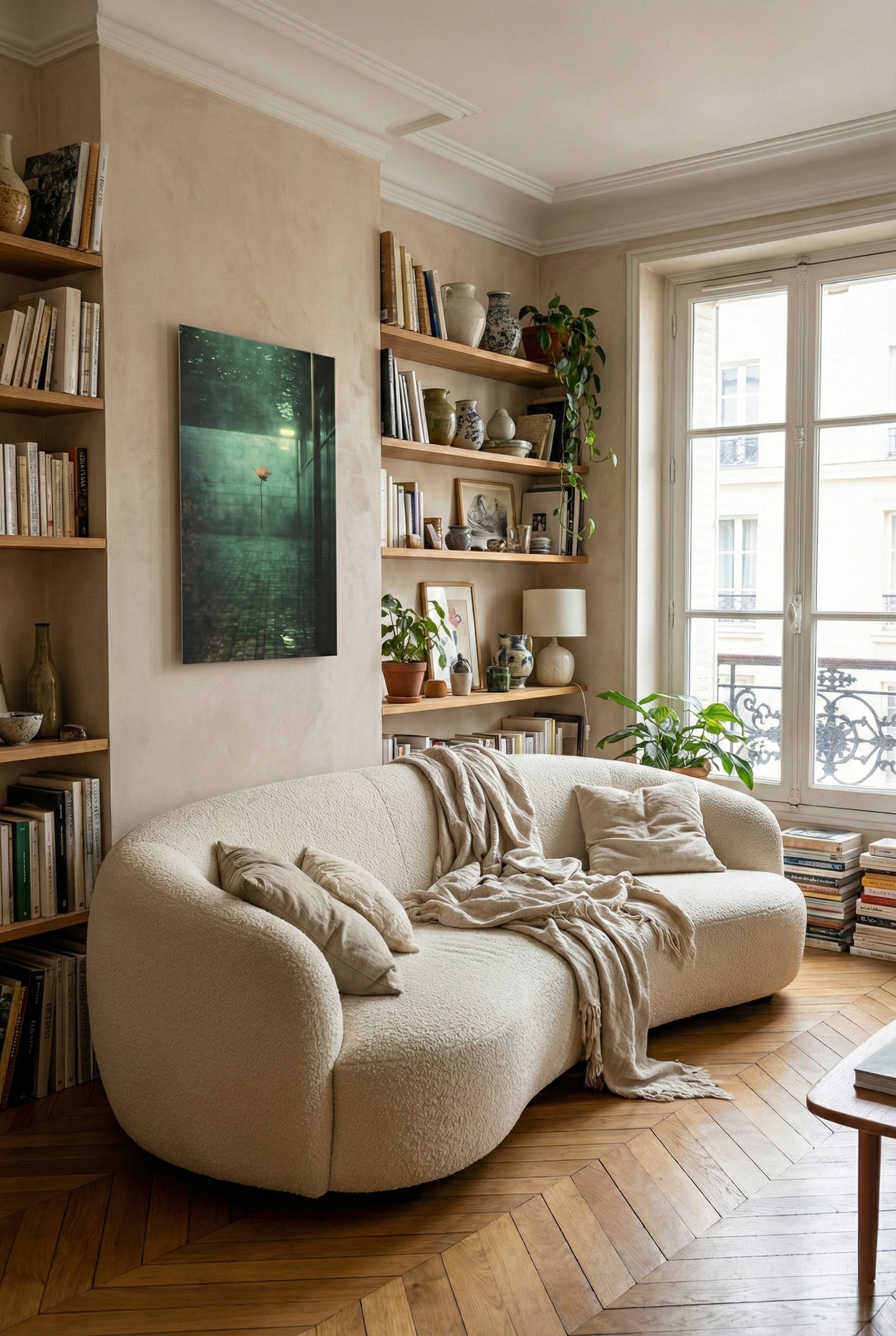 Large format art print in Parisian apartment living room, modern wall art on acrylic plexiglass, NOA Editions