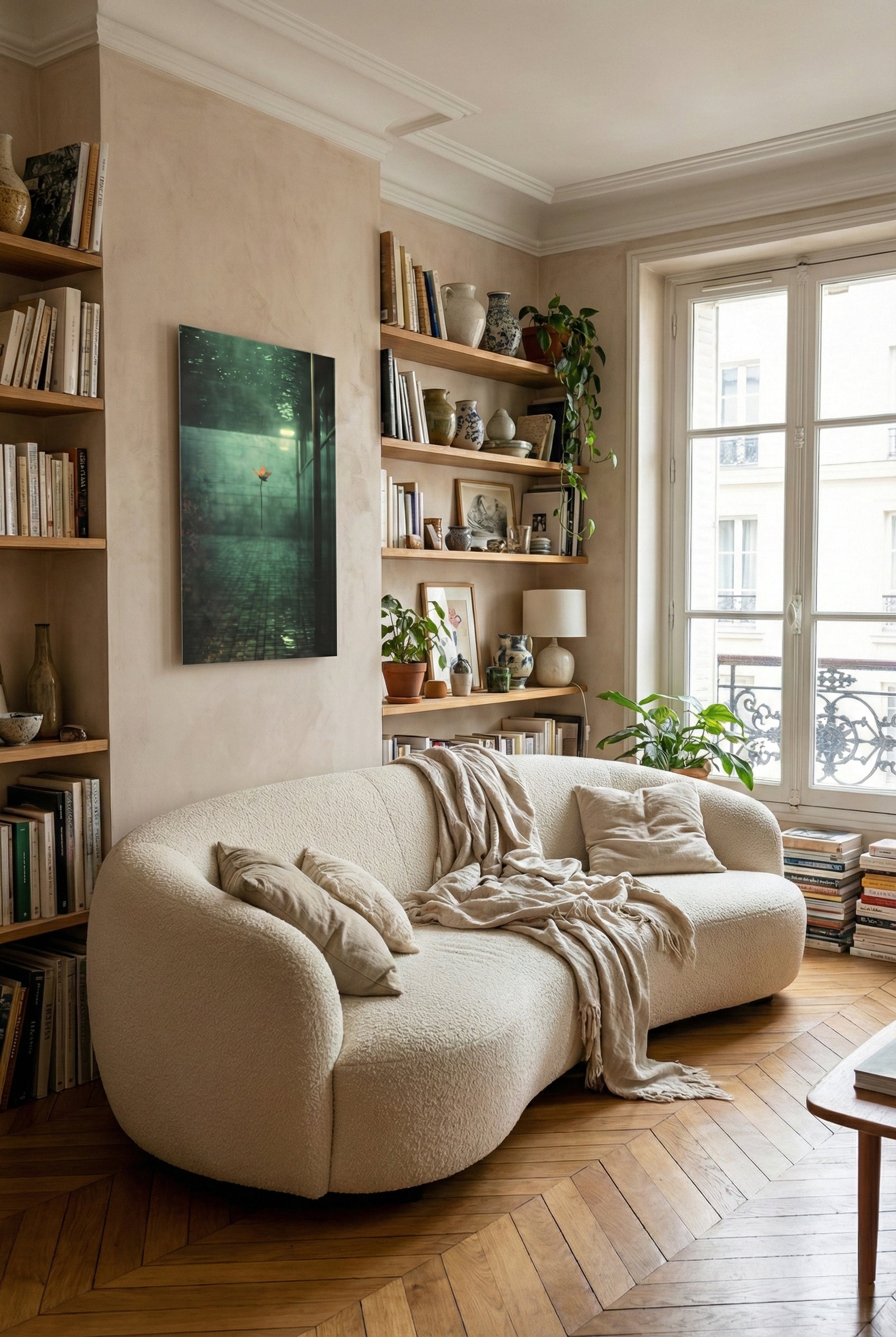 Large format art print in Parisian apartment living room, modern wall art on acrylic plexiglass, NOA Editions