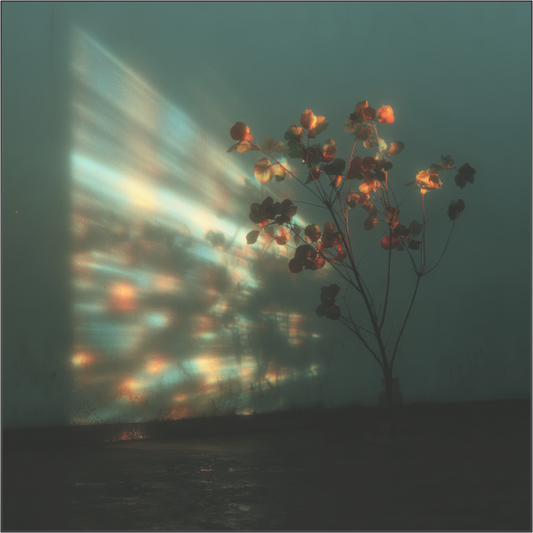 Contemporary botanical light art print on acrylic, dreamy floral wall art with light rays, NOA Paris