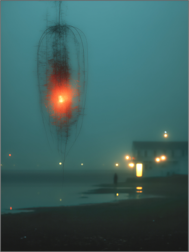 Moody atmospheric digital art print on acrylic, glowing light orb in fog, large format wall art NOA Paris
