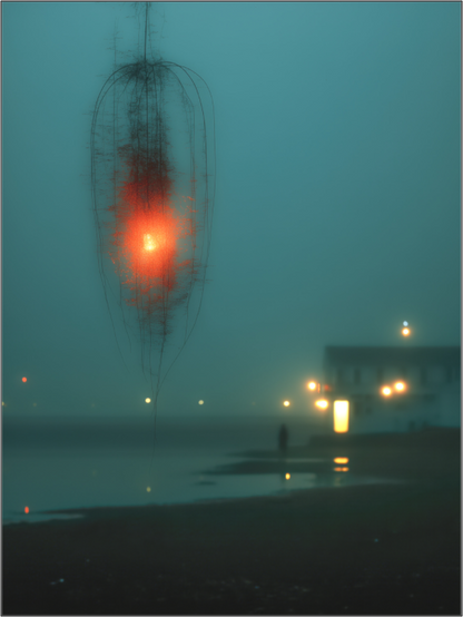 Moody atmospheric digital art print on acrylic, glowing light orb in fog, large format wall art NOA Paris