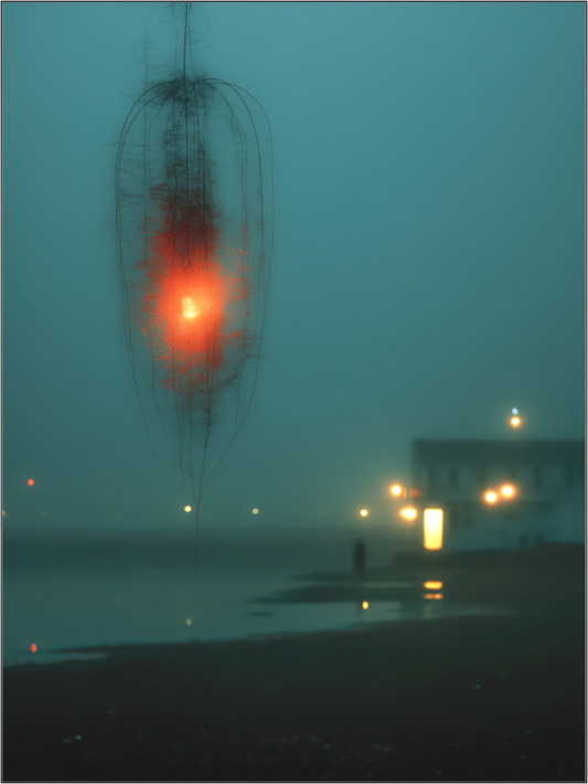 Moody atmospheric digital art print on acrylic, glowing light orb in fog, large format wall art NOA Paris